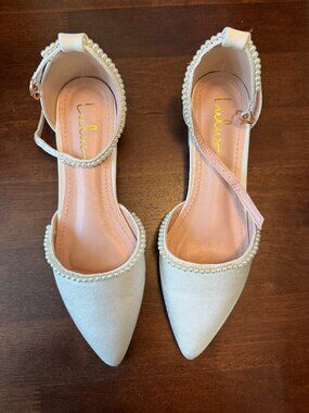 Lulus Phoebee White Satin Pearl Pointed-Toe Ankle Strap Flats